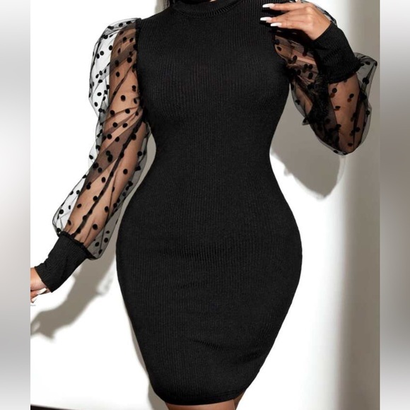 Luxe black mesh sleeve party formal evening wedding bodycon dress - Picture 2 of 12